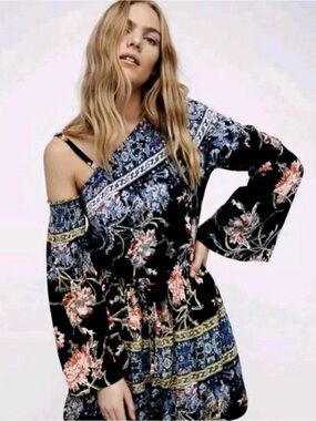 Free People Modern Nomad Mini Black Floral One Shoulder Dress Size Small